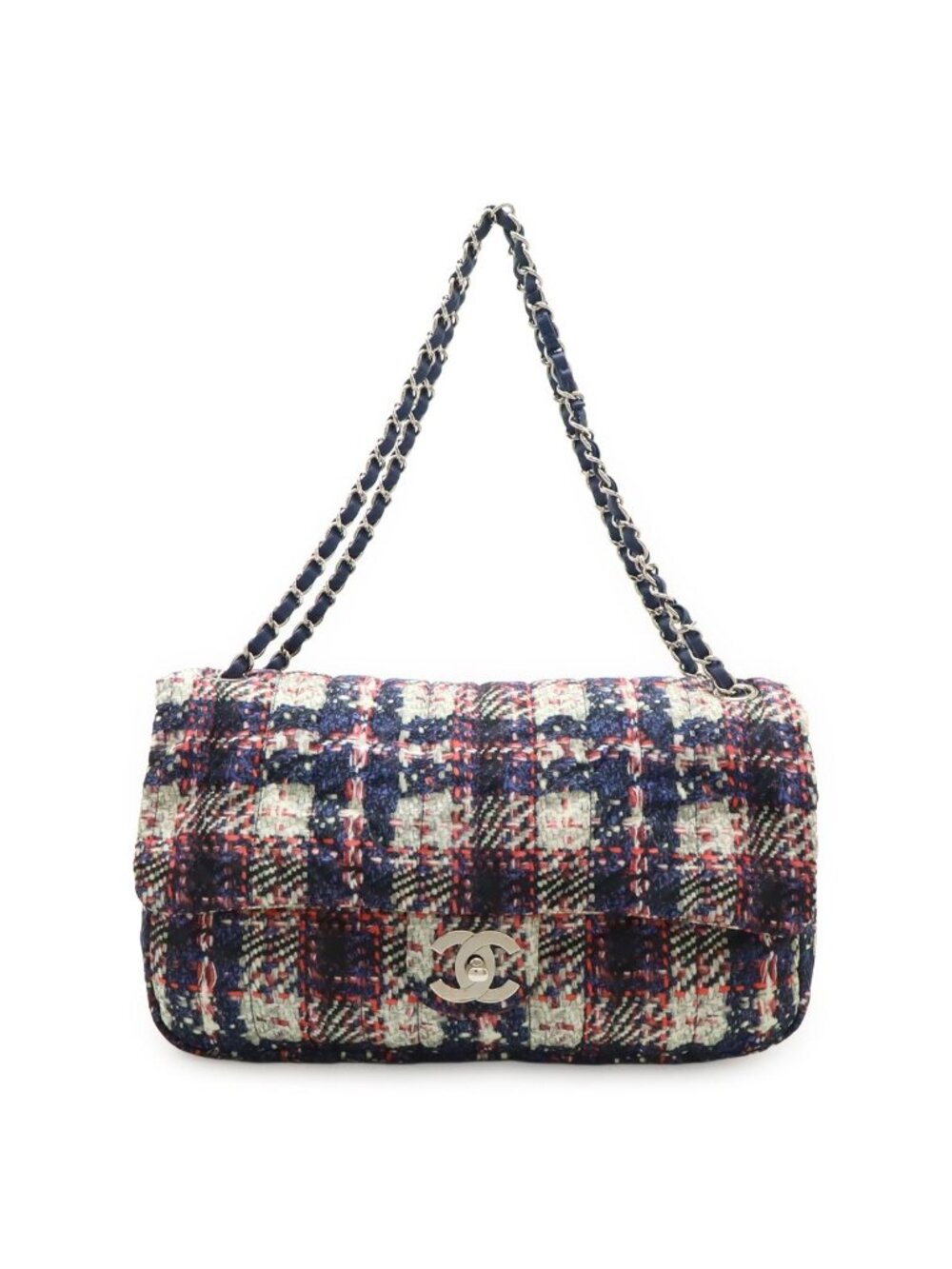 Chanel Tweed Print CC Logo Chain Shoulder Bag Nylon Navy Silver Pouch Out of